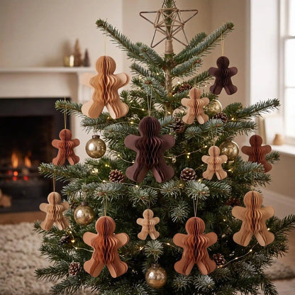 Honeycomb Paper Gingerbread Ornaments on a white background, shown from the front