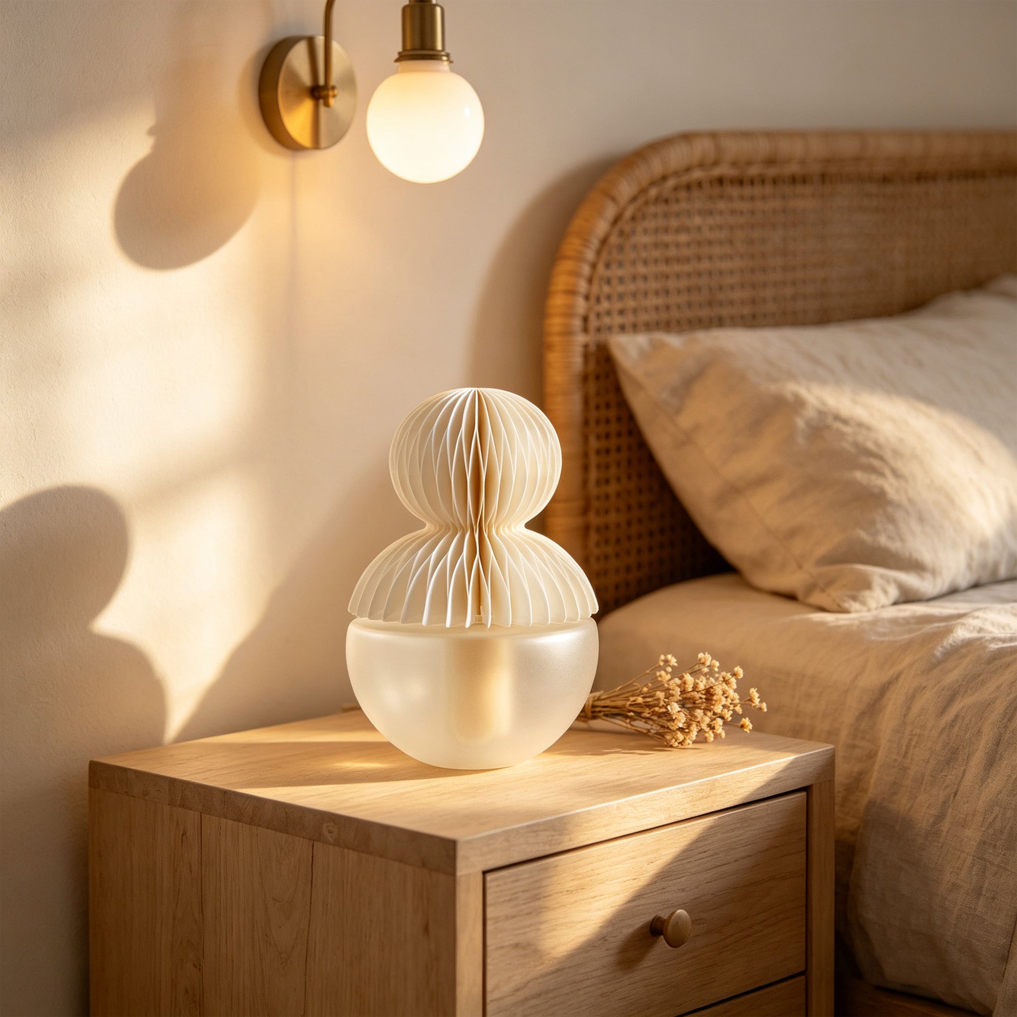 Print die-cut and assembly development – white paper diffuser styled in bedroom setting