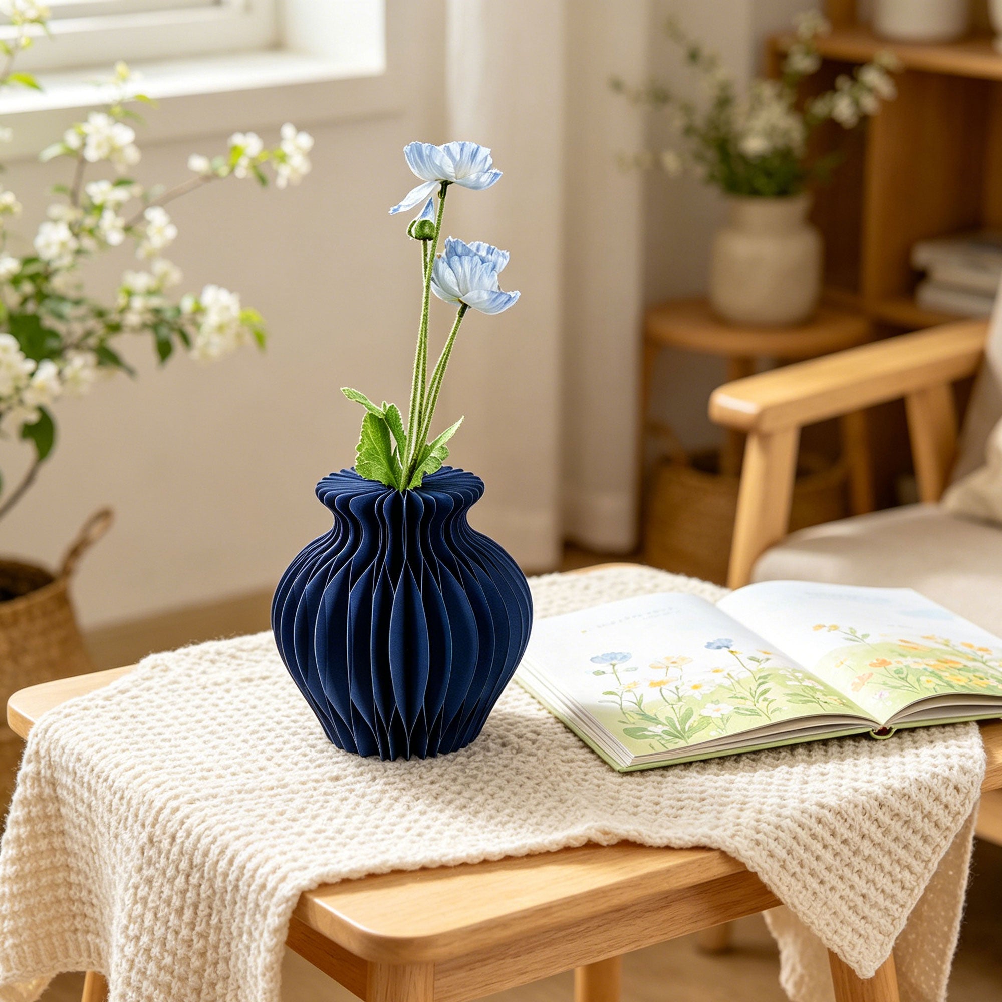 Seasonal decor and paper flower coordination – blue honeycomb paper vase with single stem on desk