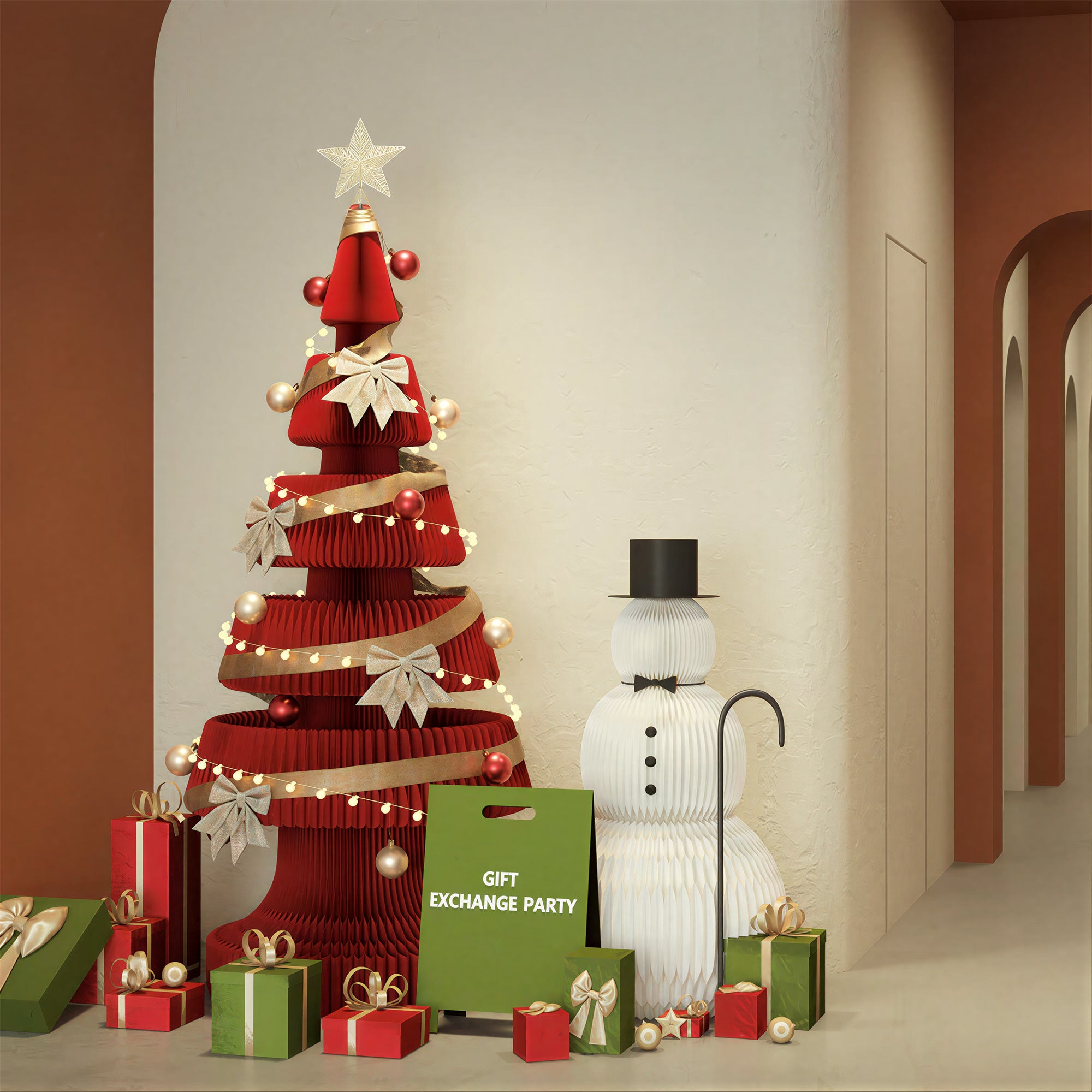 Custom Christmas honeycomb decorations manufacturer – green and cream honeycomb paper trees with paper snowman holiday display