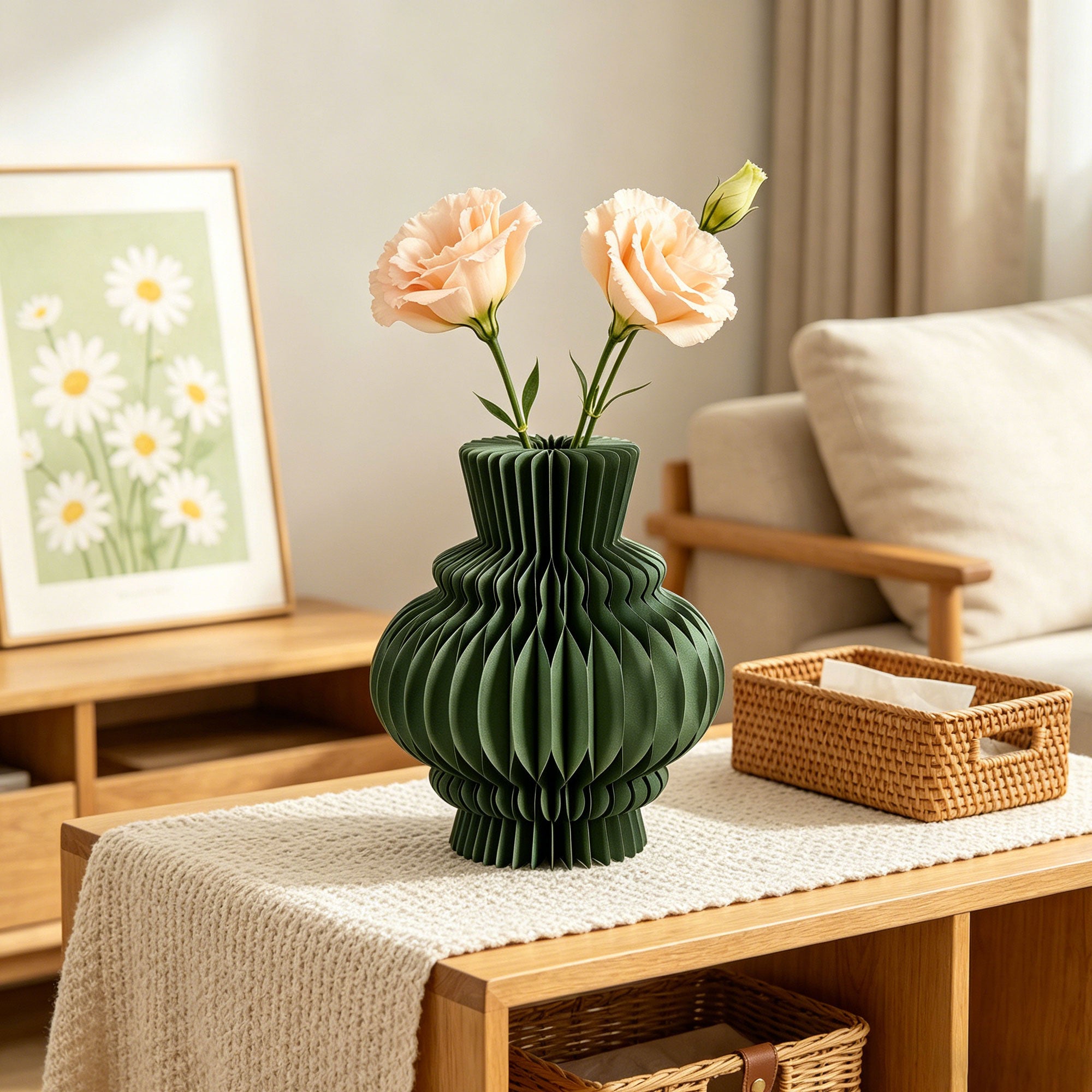Gift set and retail packaging support – green honeycomb paper vase styled in modern living room