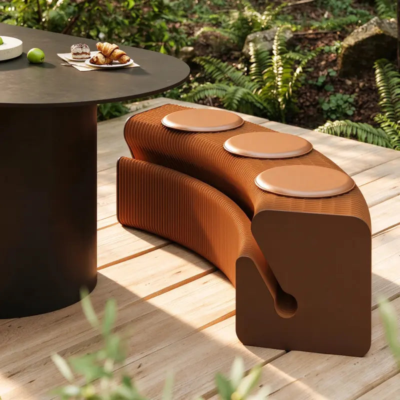 Folded Flexible Stretchable Kraft Paper Bench with Cushions for compact storage and shipping