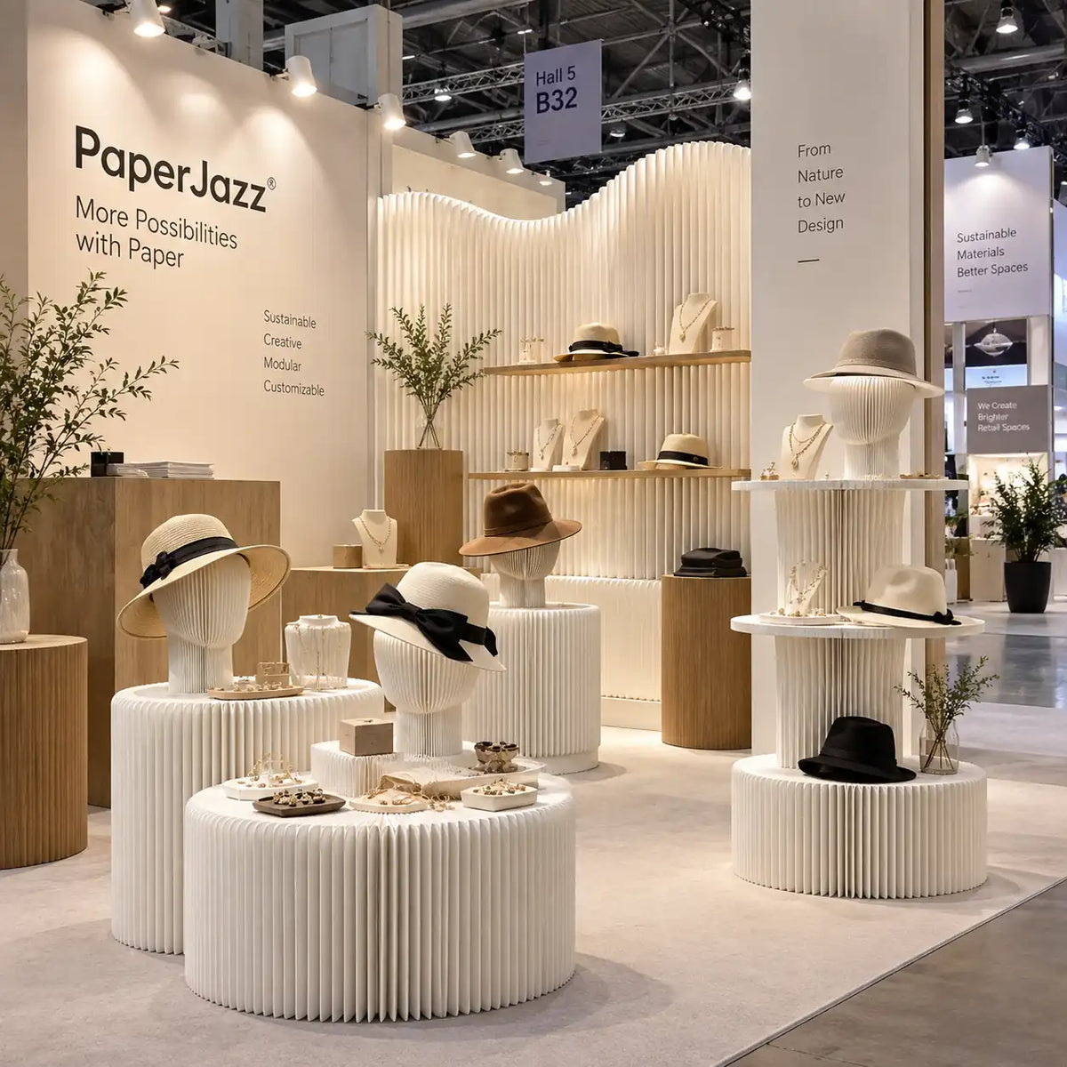 Exhibition display pedestals and shelving made from structured paper presenting a modular product layout.