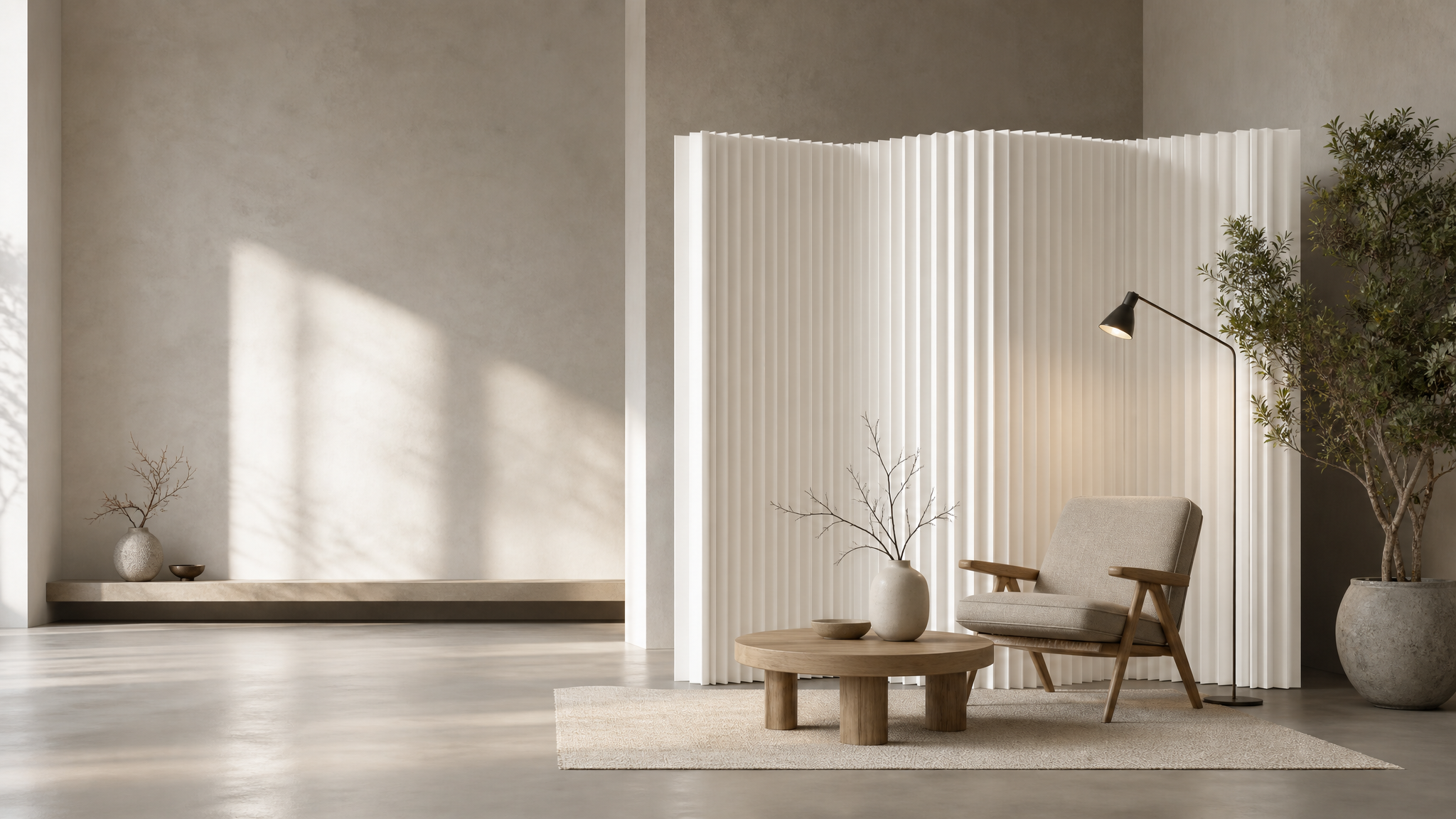 Flexible paper room dividers for temporary space planning – white corrugated paper partition wall in modern interior with armchair and floor lamp