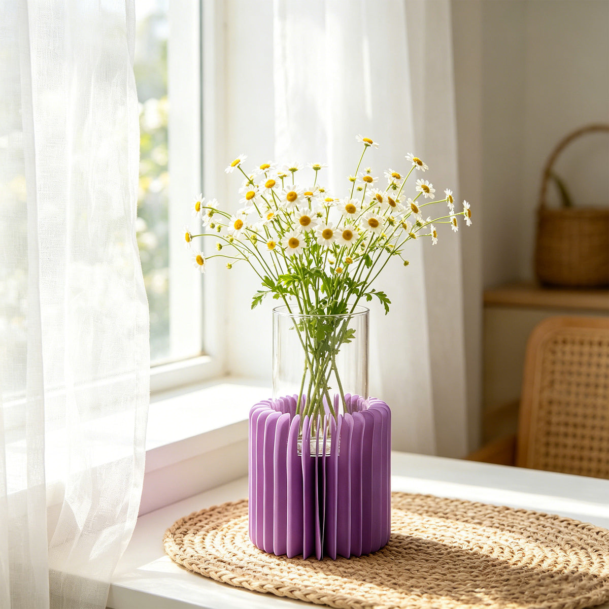 Purple honeycomb paper vase holding daisy bouquet on windowsill with woven placemat – increasing perceived value through design and gifting