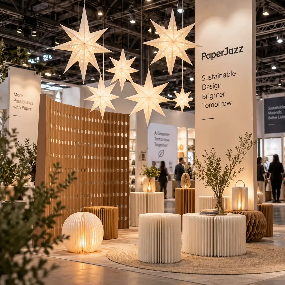 An exhibition booth space decorated with sustainable paper elements, including dividers, planters, and hanging star lanterns.