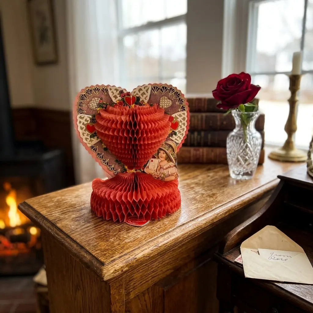 Folded Vintage Honeycomb Heart Valentine Card Display for compact storage and shipping