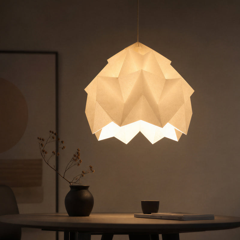 Unique origami design – white geometric folded paper pendant lampshade with soft glow