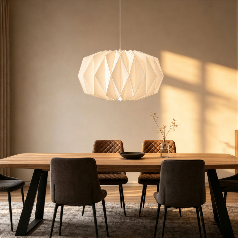 High customization flexibility – white origami paper pendant above dining table in contemporary interior