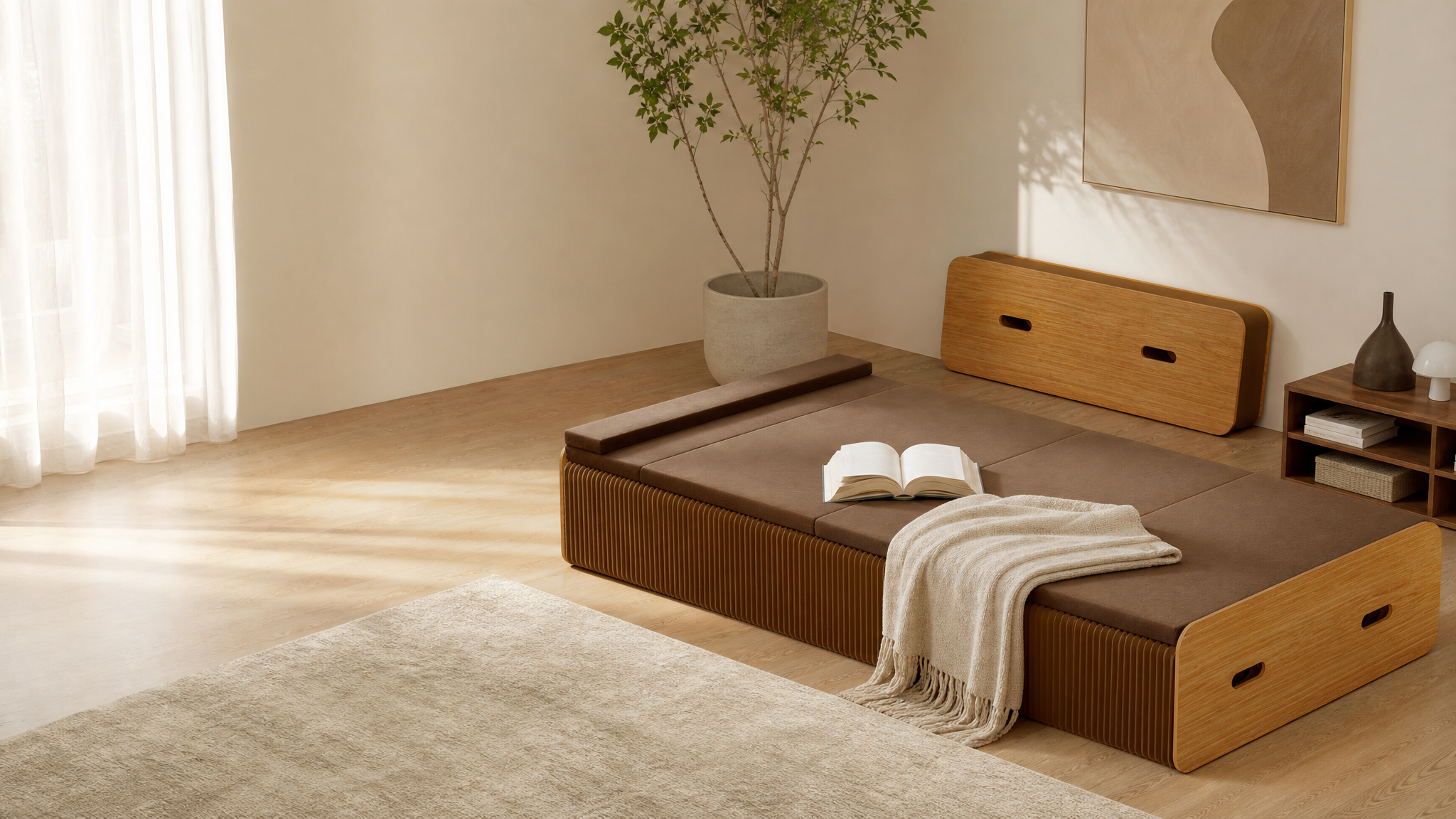 Foldable paper beds for temporary accommodation and rapid deployment – brown honeycomb paper bed base with mattress and open book in modern bedroom