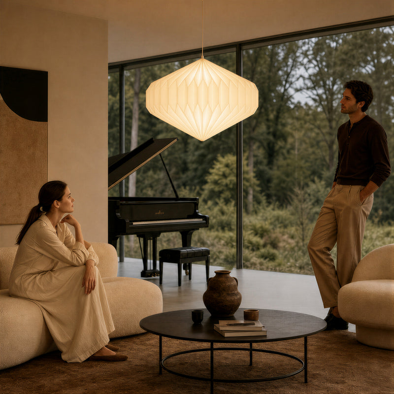 Soft ambient lighting – origami paper pendant lampshade in modern living room with couple and piano