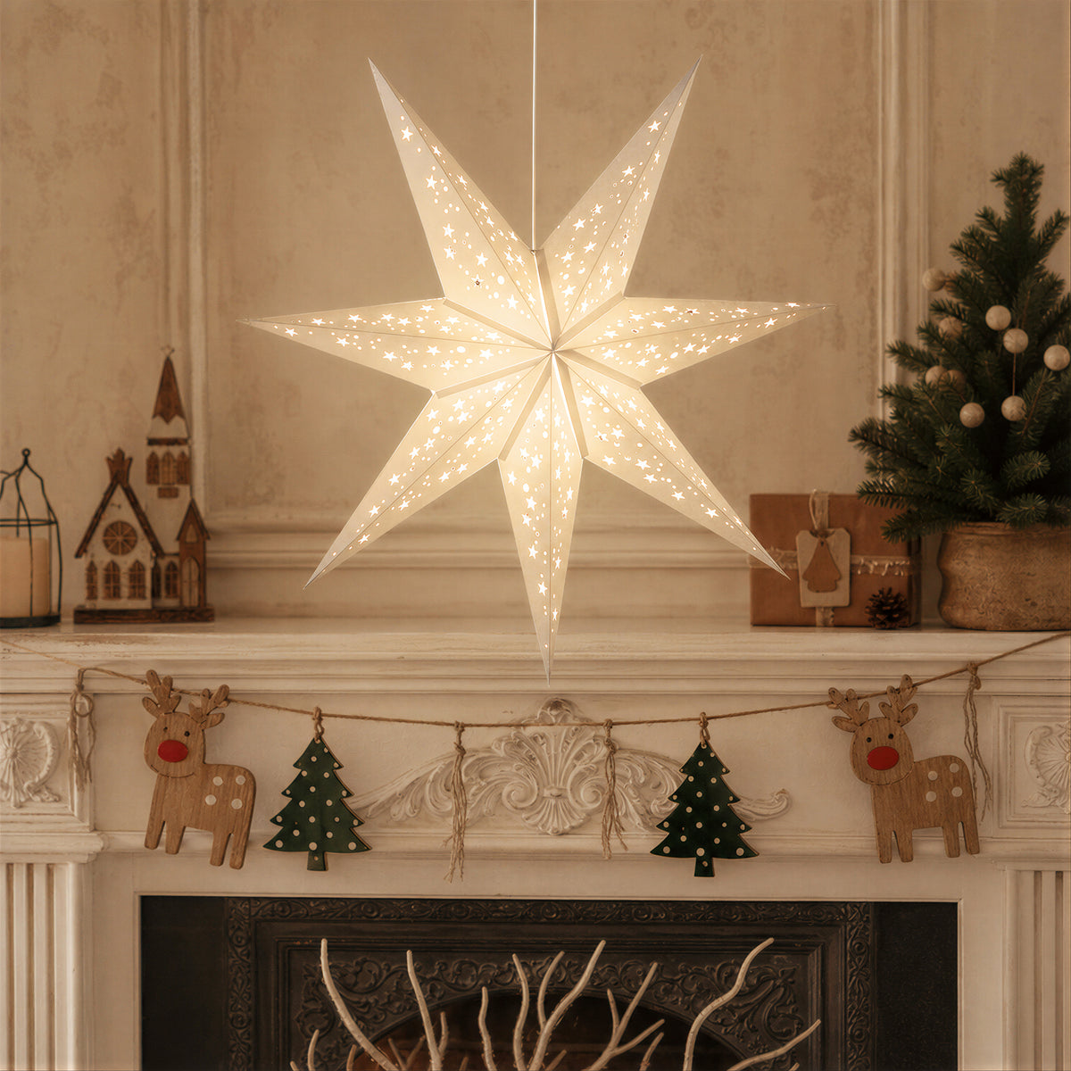 Large illuminated paper star lampshade for Christmas decor