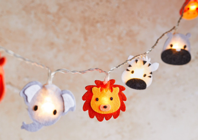 Illuminated animal felt string lights for children’s decor