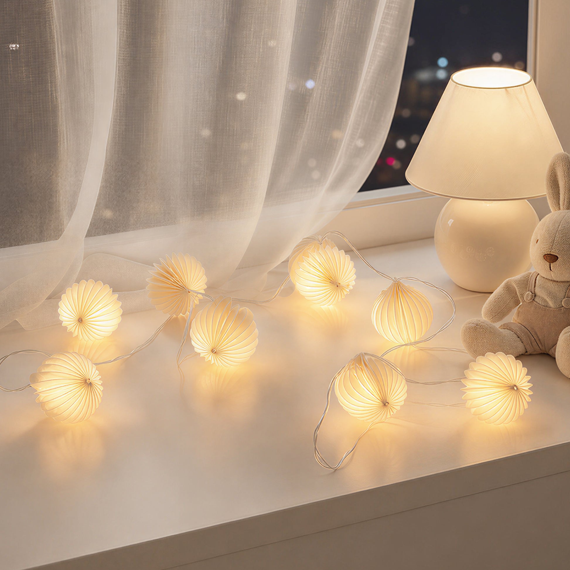 Folded Cream Flower-Shaped Honeycomb Paper String Lights for compact storage and shipping