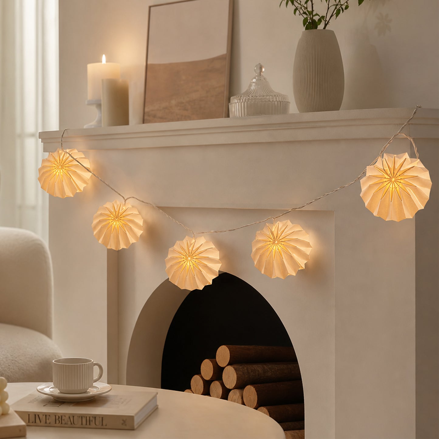 Folded White Origami Flower Paper String Lights for compact storage and shipping