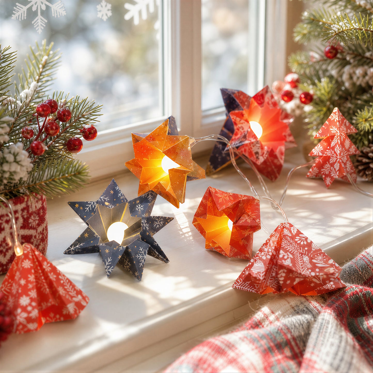 Printed Origami Paper Star String Lights showing its structure