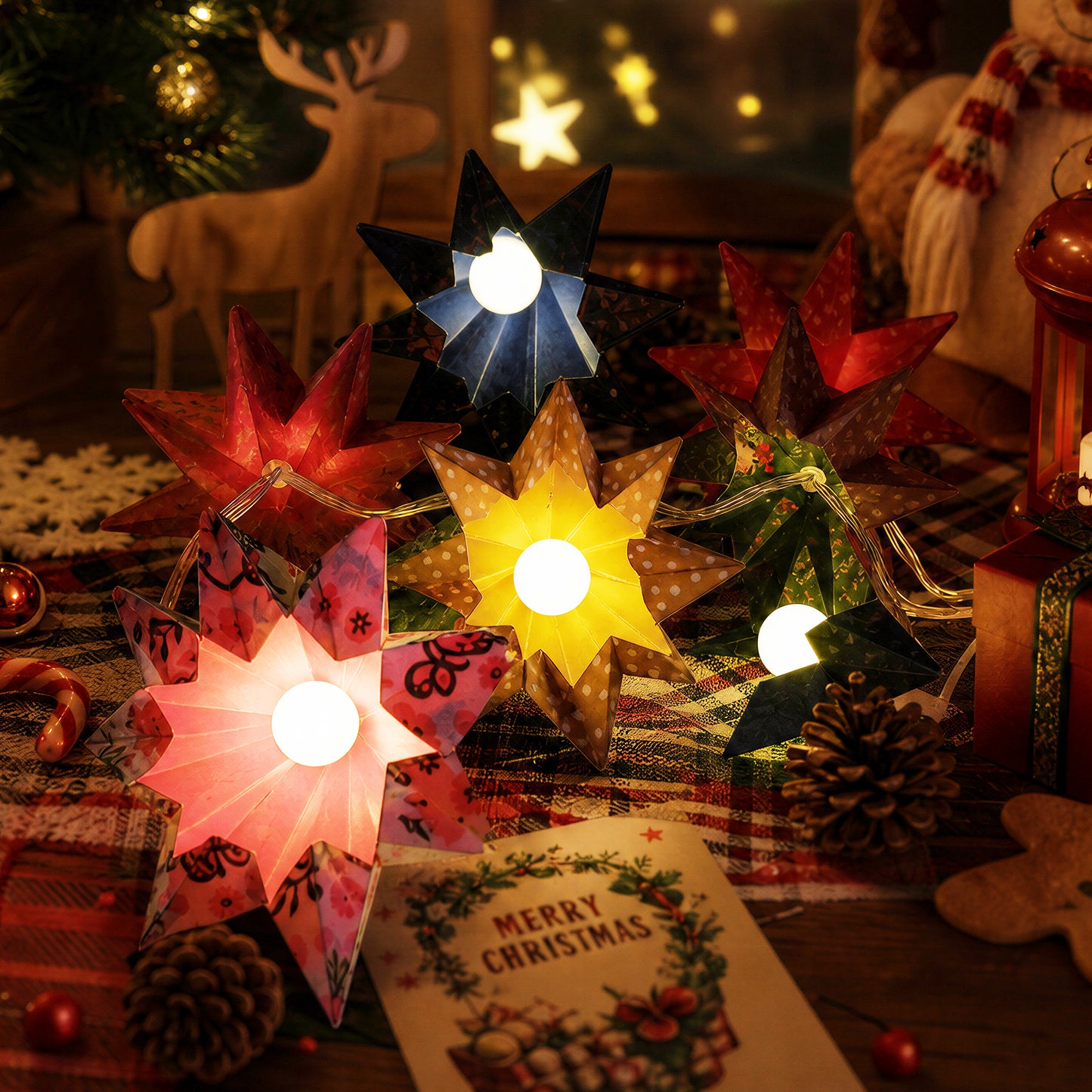 Folded Printed Origami Paper Star String Lights for compact storage and shipping