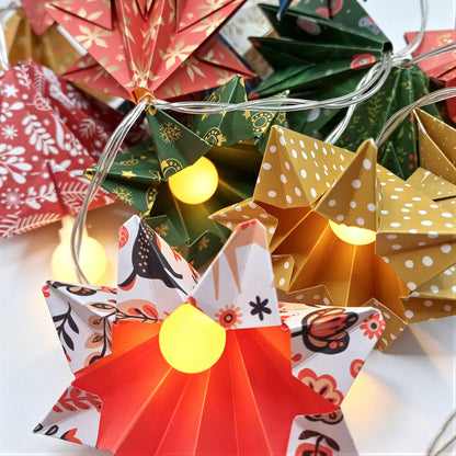 Printed Origami Paper Star String Lights on a white background