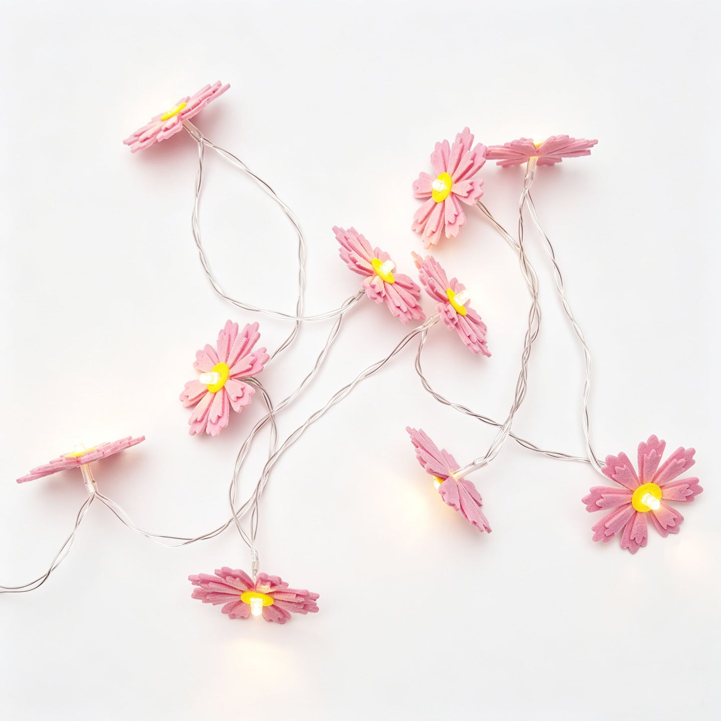 Pink Felt Flower String Lights on a white background, shown from the front