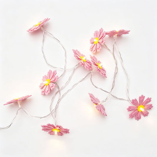 Pink Felt Flower String Lights on a white background, shown from the front