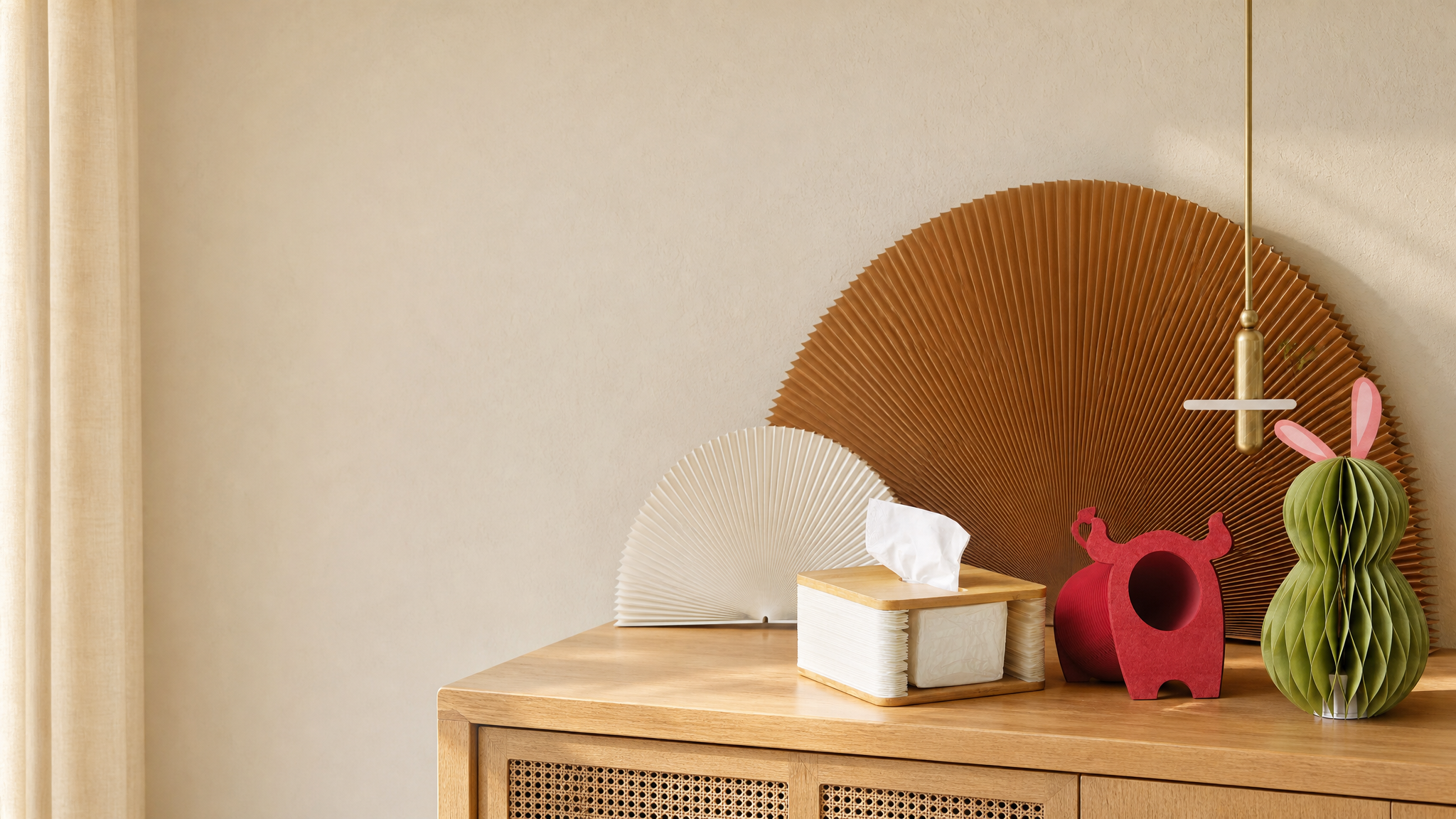 Custom paper decor and gifts manufacturer – brown pleated paper fan wall decor with wooden tissue box and hanging mobile