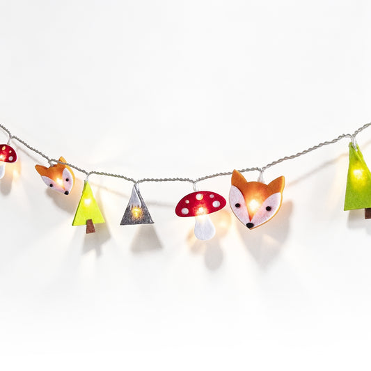 Woodland Felt Character String Lights on a white background, shown from the front