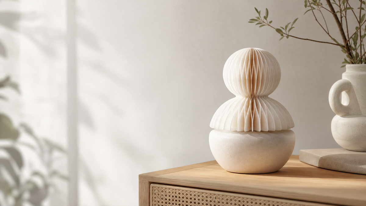 Custom paper fragrance diffusers for branded scent experiences – sculptural white honeycomb paper diffuser on ceramic base