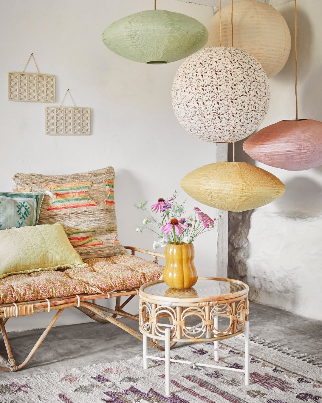 Rice paper lampshades in different colors textures and shapes