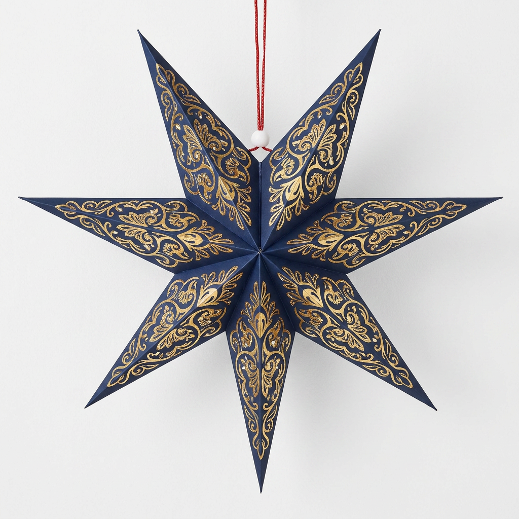 Navy Blue and Gold Moroccan Eight-Point Paper Star Lampshade on a white background
