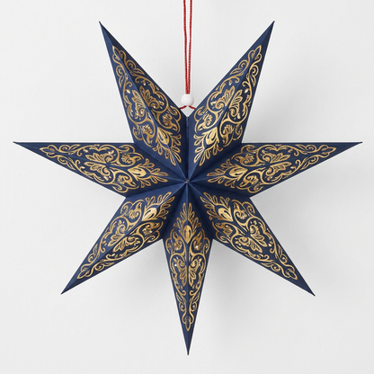 Navy Blue and Gold Moroccan Eight-Point Paper Star Lampshade on a white background