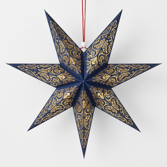 Navy Blue and Gold Moroccan Eight-Point Paper Star Lampshade on a white background