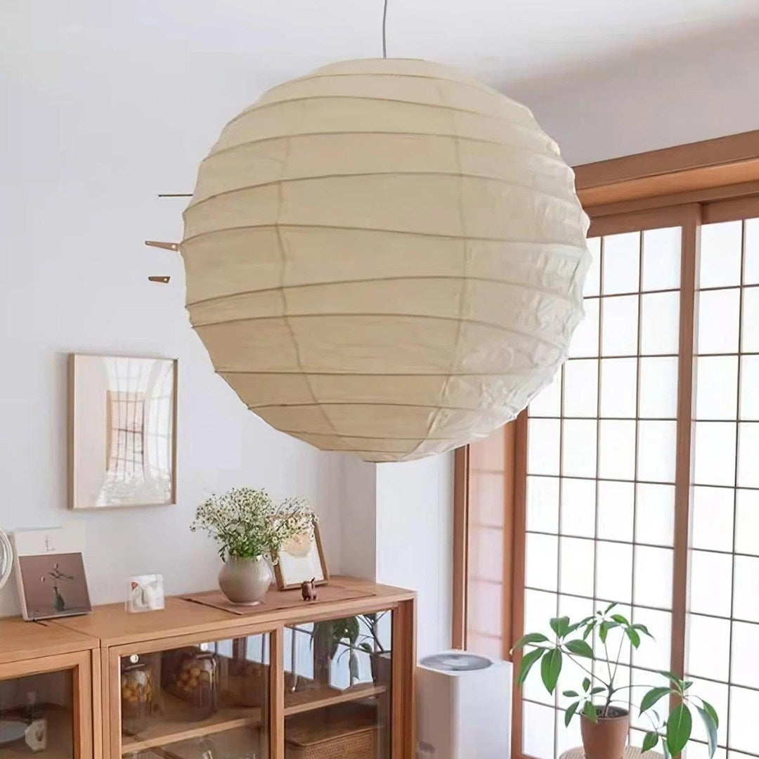 Large rice paper pendant lampshade in a Japandi interior