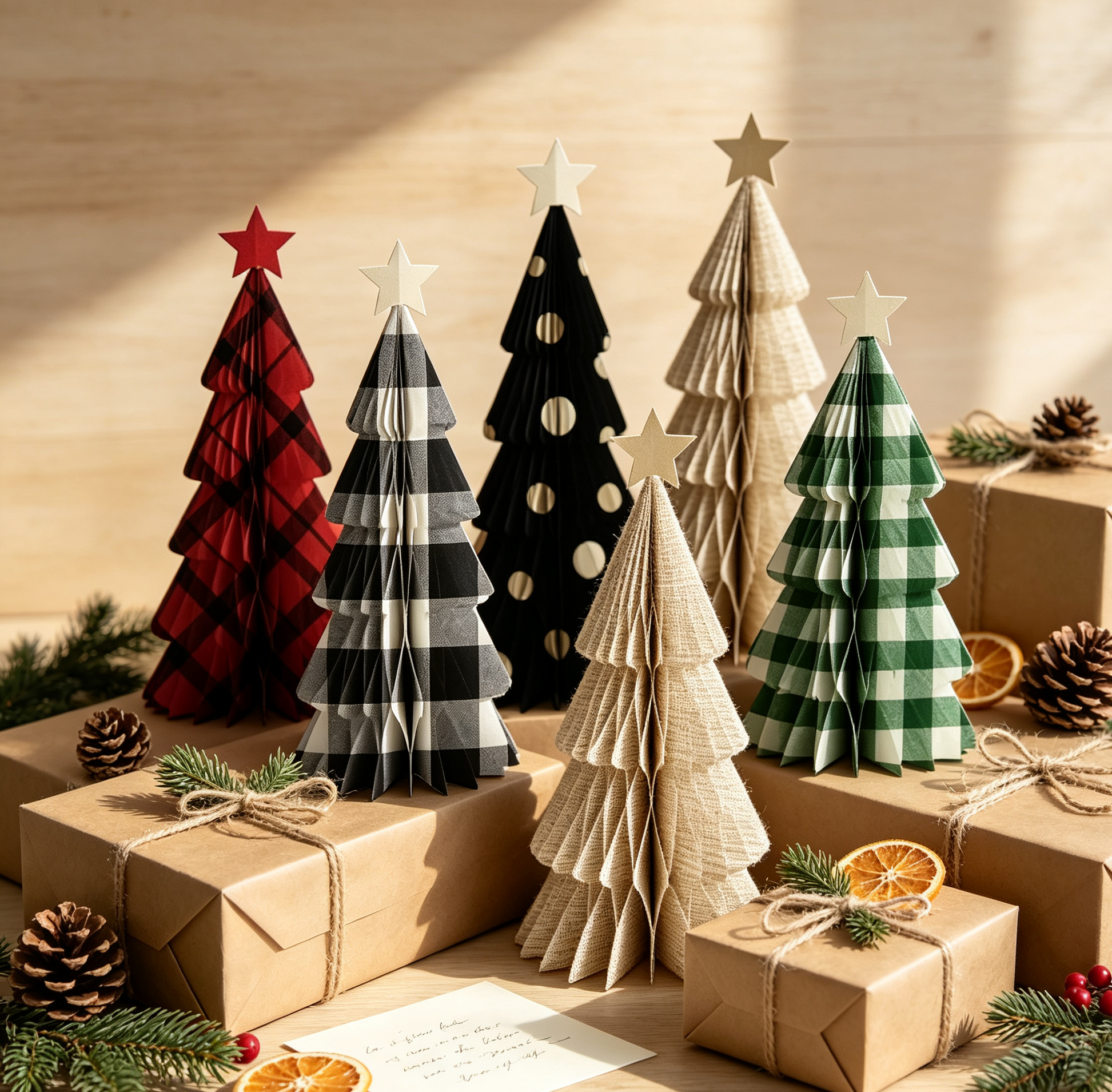 Folded Patterned Honeycomb Paper Christmas Tree Decoration Set for compact storage and shipping
