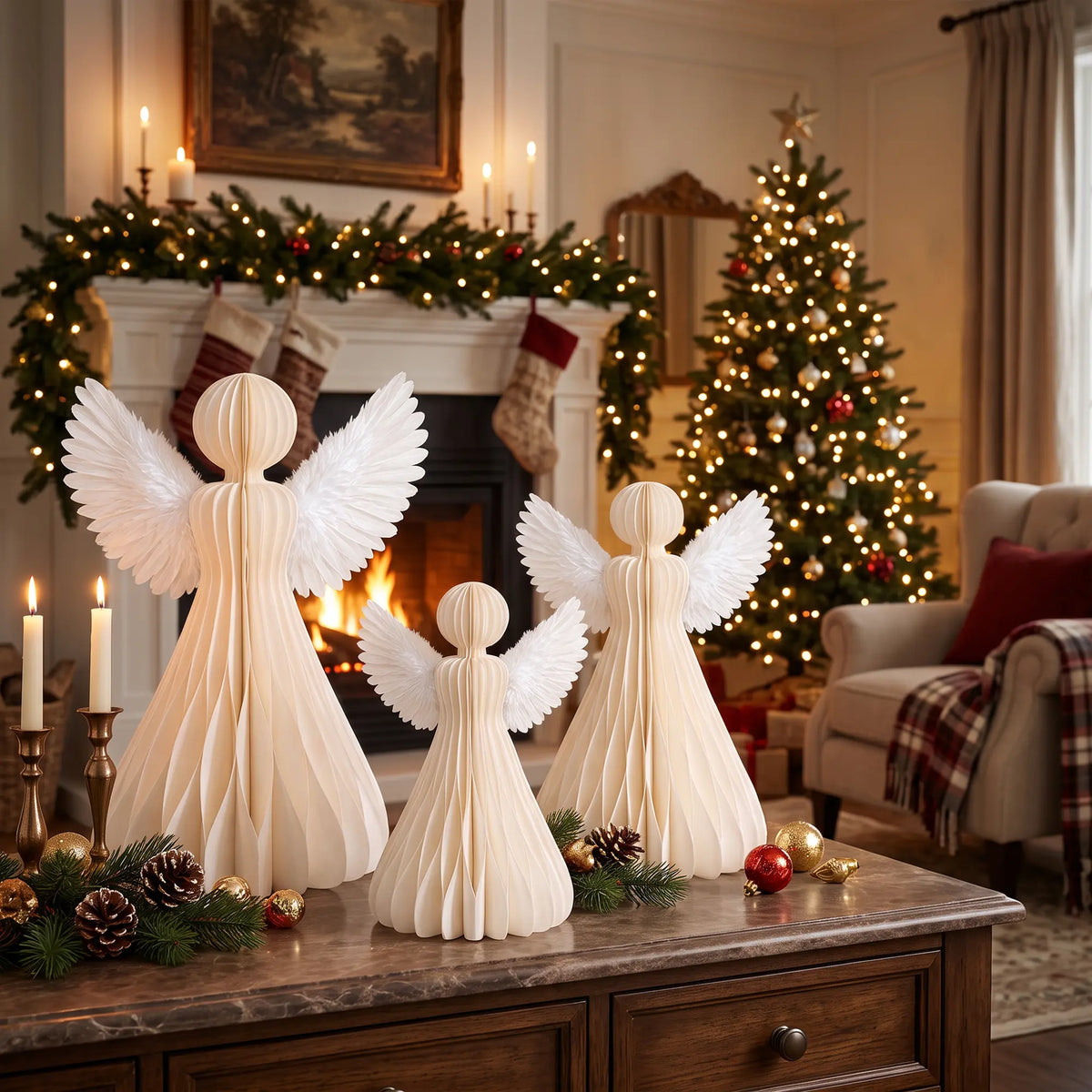 White Honeycomb Paper Angel Christmas Table Decoration Set