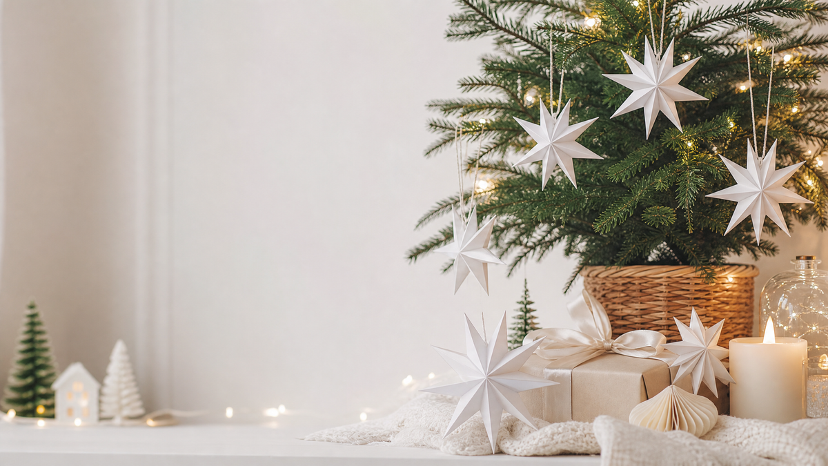 Custom Christmas paper star decorations manufacturer – white folded paper stars hanging on Christmas tree branches