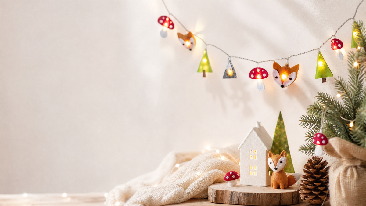 Custom felt string lights with fox tree and mushroom motifs