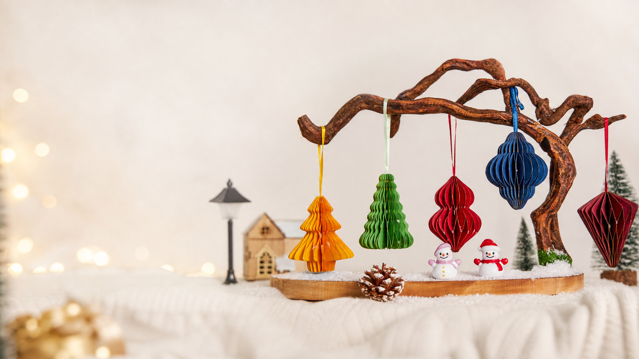 Custom Christmas paper ornaments manufacturer – colorful honeycomb paper hanging ornaments on rustic branch including trees stars and baubles