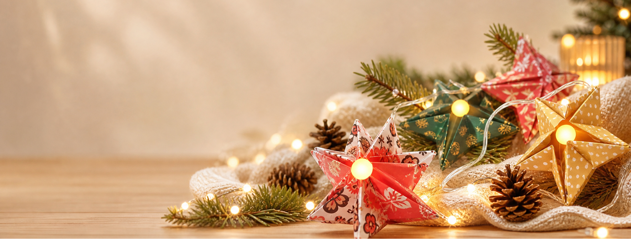 Custom origami paper string lights with printed Christmas star covers