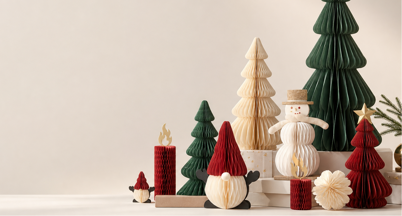 Custom Christmas honeycomb decorations manufacturer – green and cream honeycomb paper trees with paper snowman holiday display