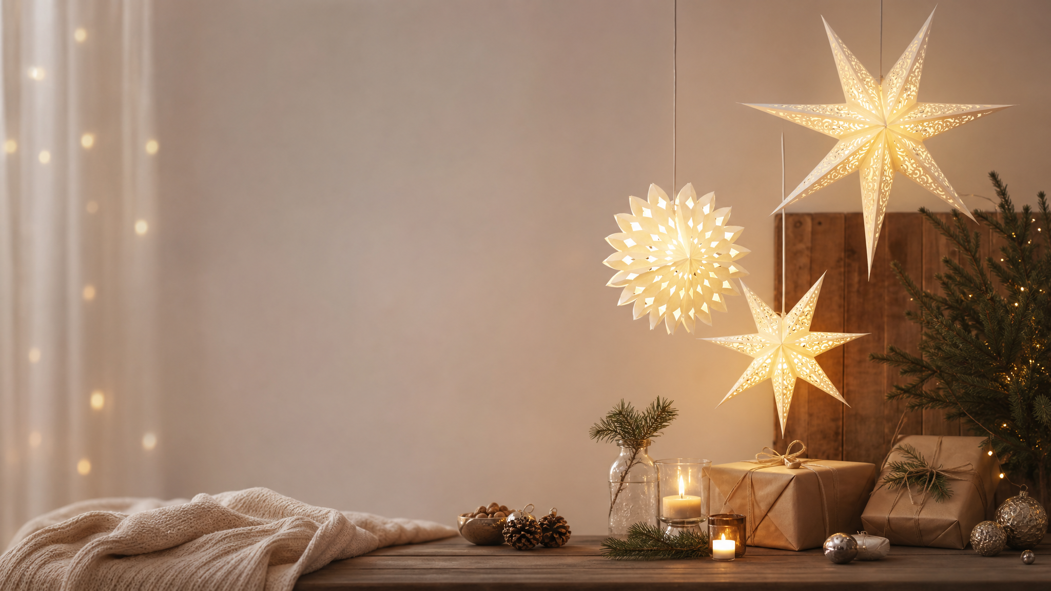 Custom illuminated paper star lampshades for seasonal interior displays