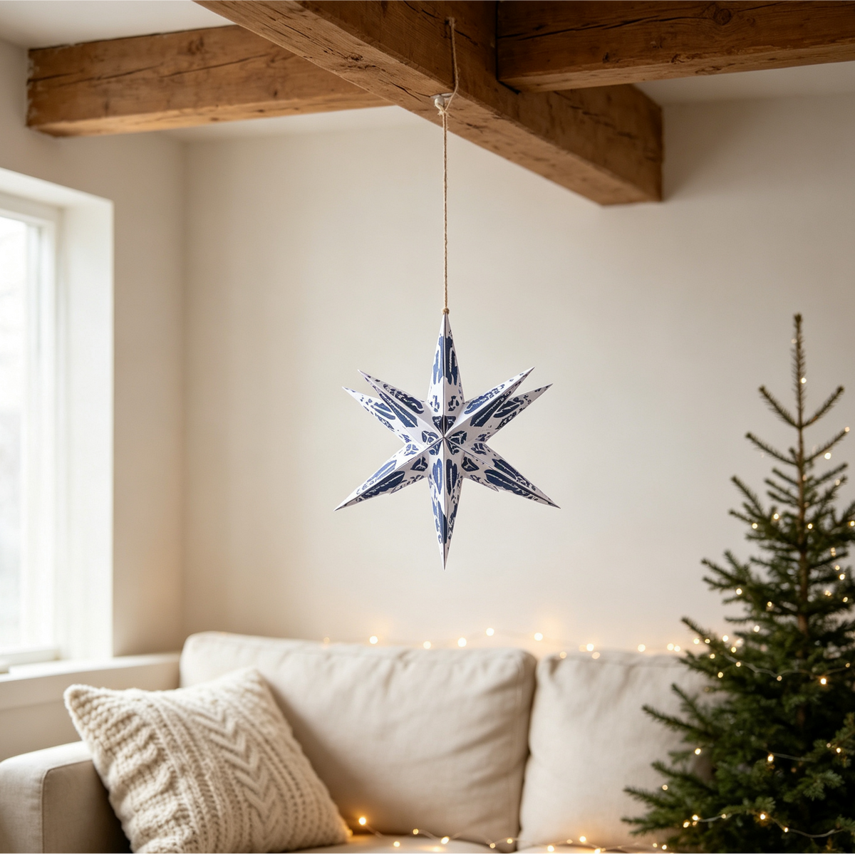Folded Multi-Point Paper Christmas Star Ornament for compact storage and shipping
