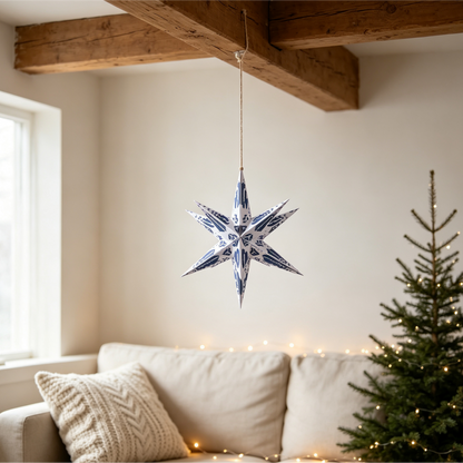 Folded Multi-Point Paper Christmas Star Ornament for compact storage and shipping