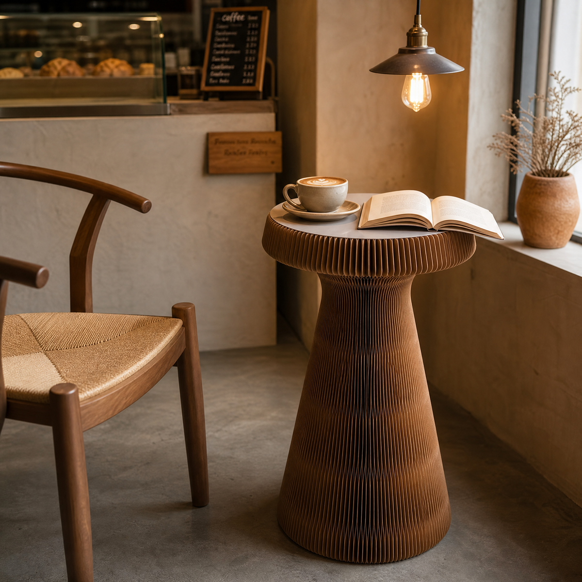 Brown Honeycomb Paper Side Table in a modern living room setting with natural light