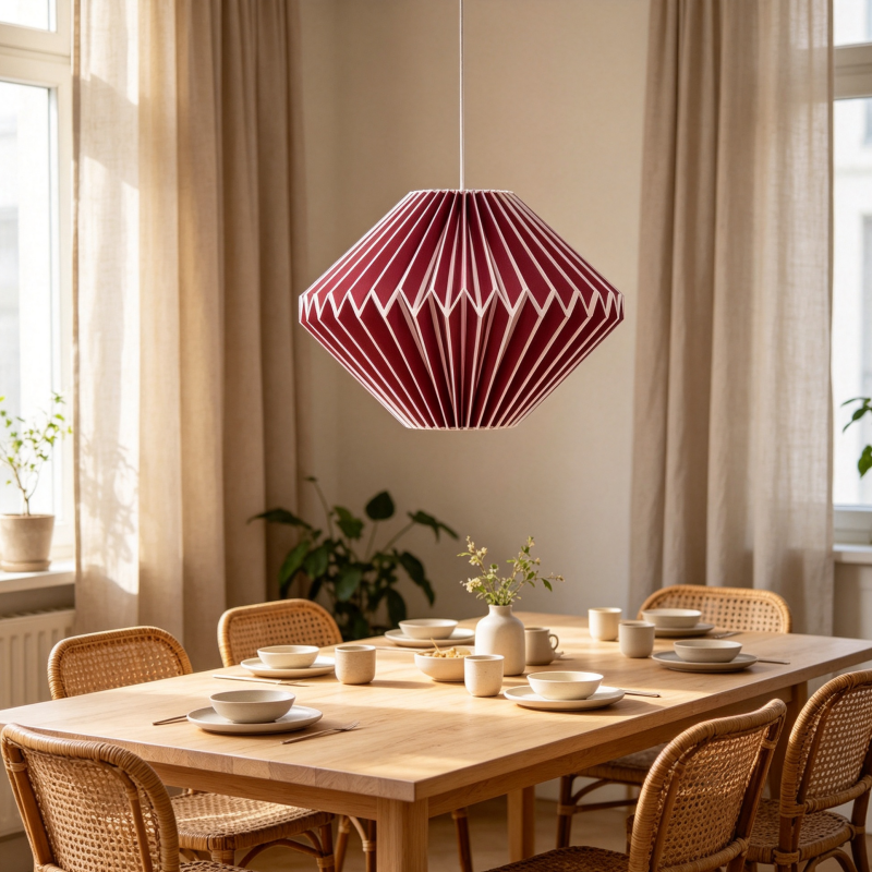 Folded Burgundy Origami Pleated Diamond Paper Lampshade for compact storage and shipping