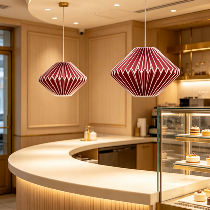 Burgundy Origami Pleated Diamond Paper Lampshade showing its structure