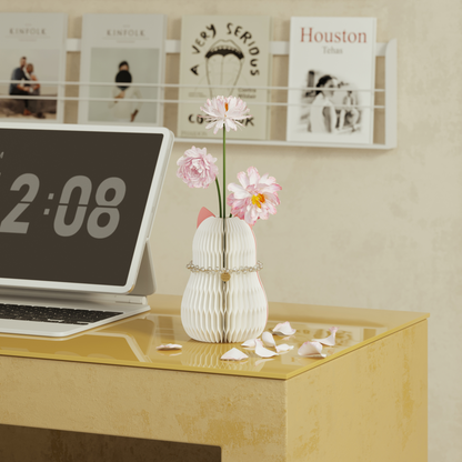 Folded Custom Cat-Shaped Honeycomb Paper Vase for compact storage and shipping
