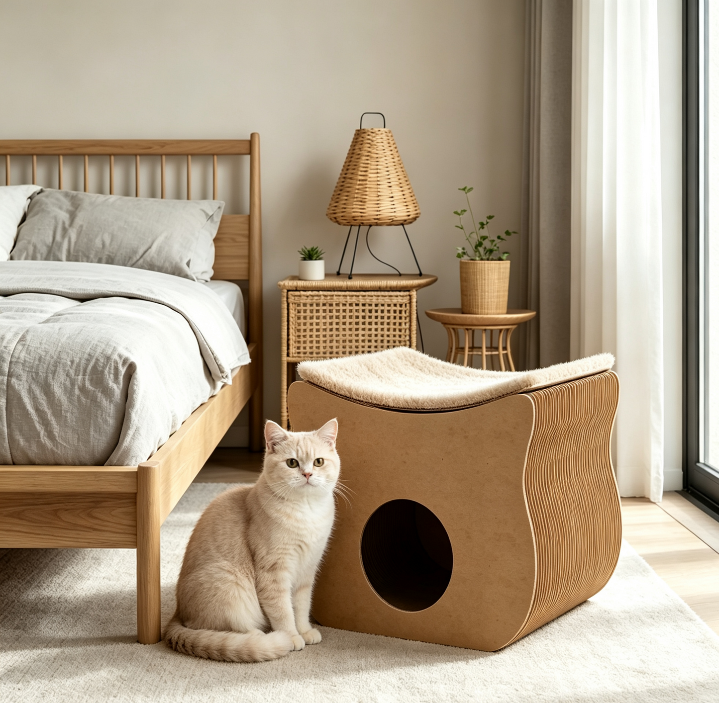 Paper pet stool and cat hideaway in a cozy bedroom