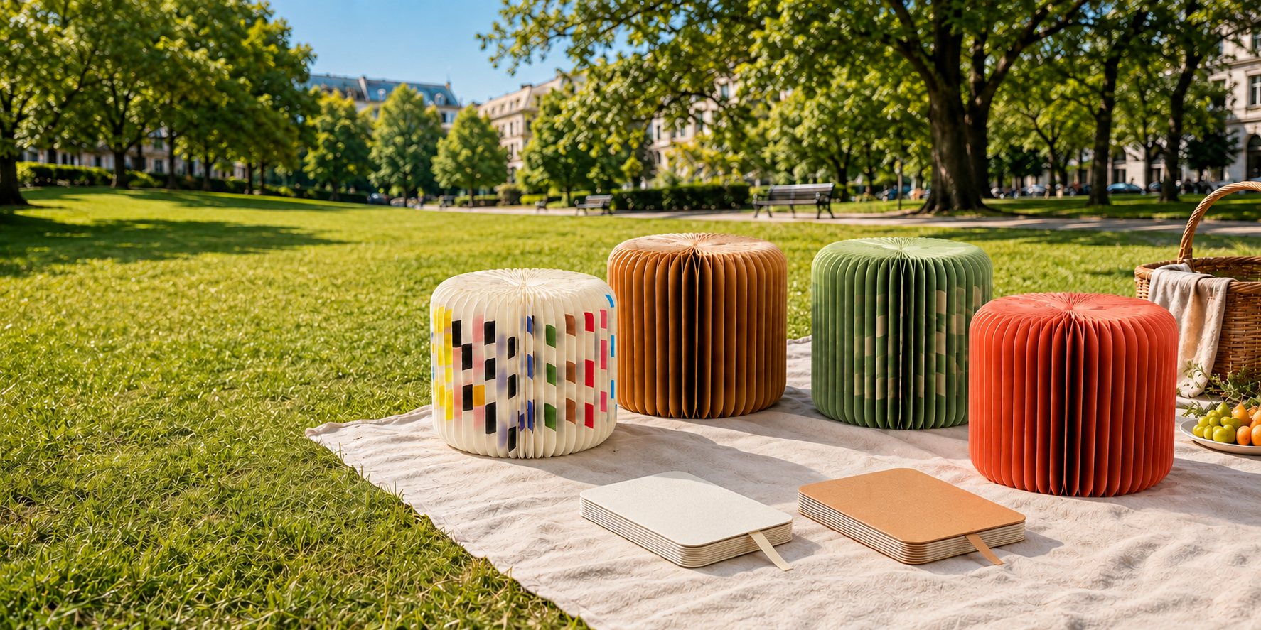 Colorful honeycomb paper stools on picnic blanket in park – broad product development range