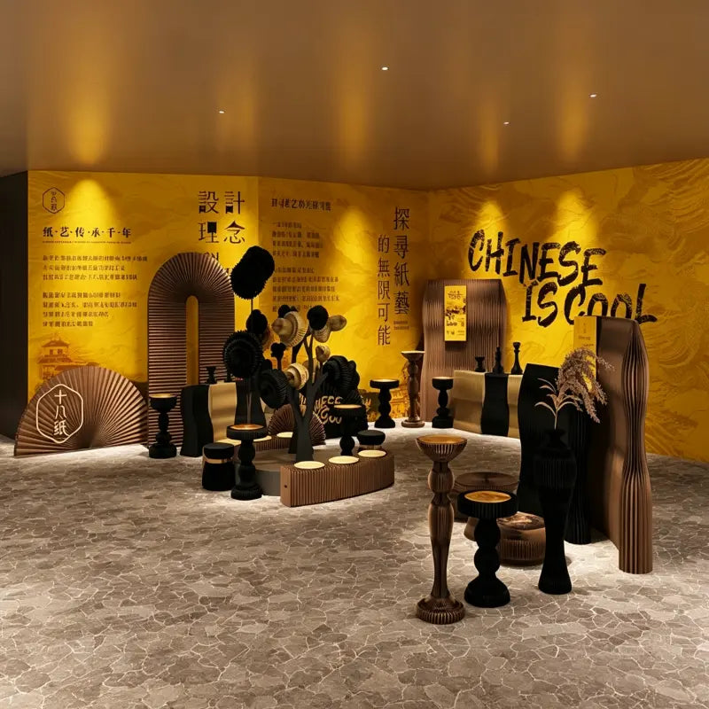 Chinese paper art exhibition booth with collapsible honeycomb paper decor and display stands for trade show