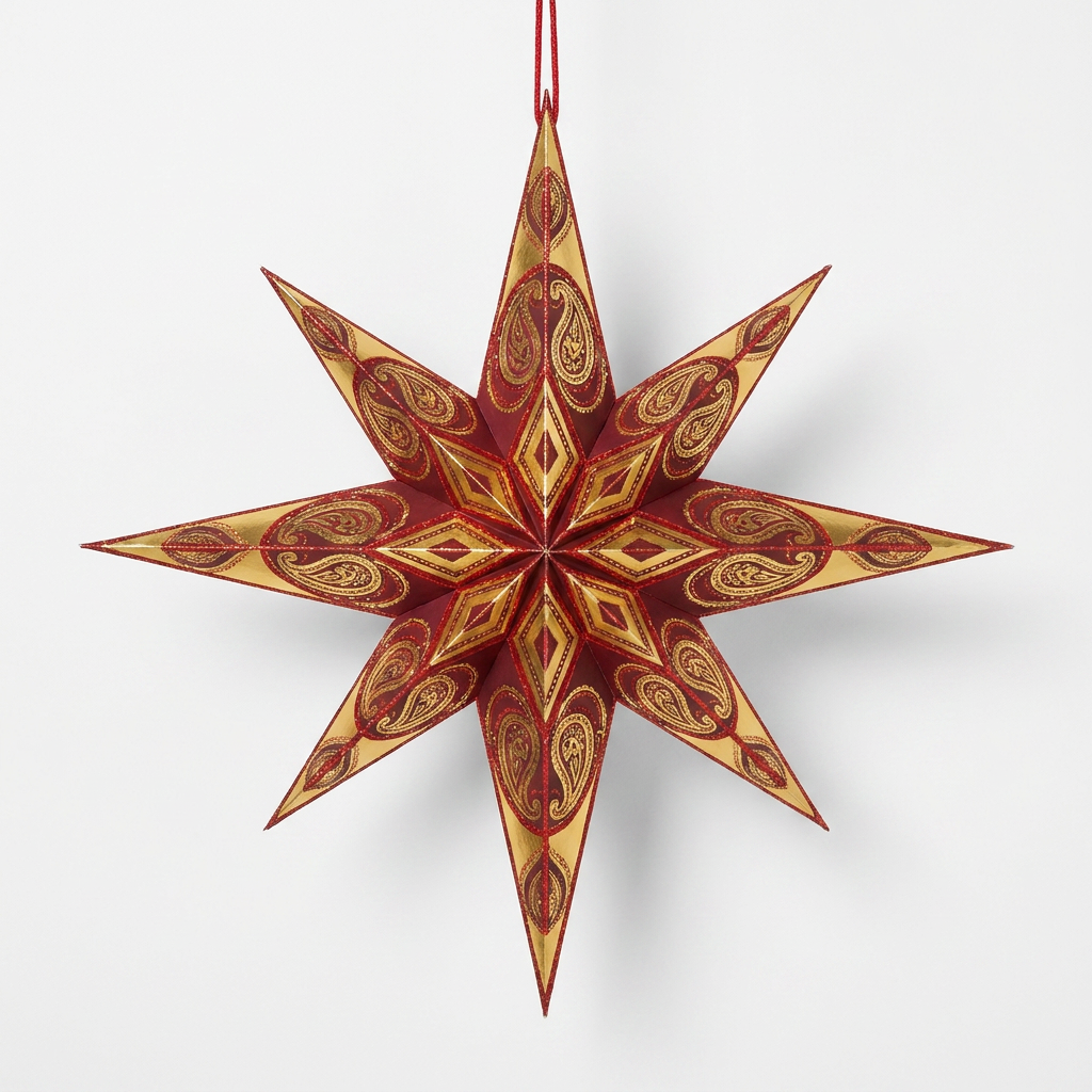 Red and Gold Eight-Point Christmas North Star Paper Lampshade on a white background